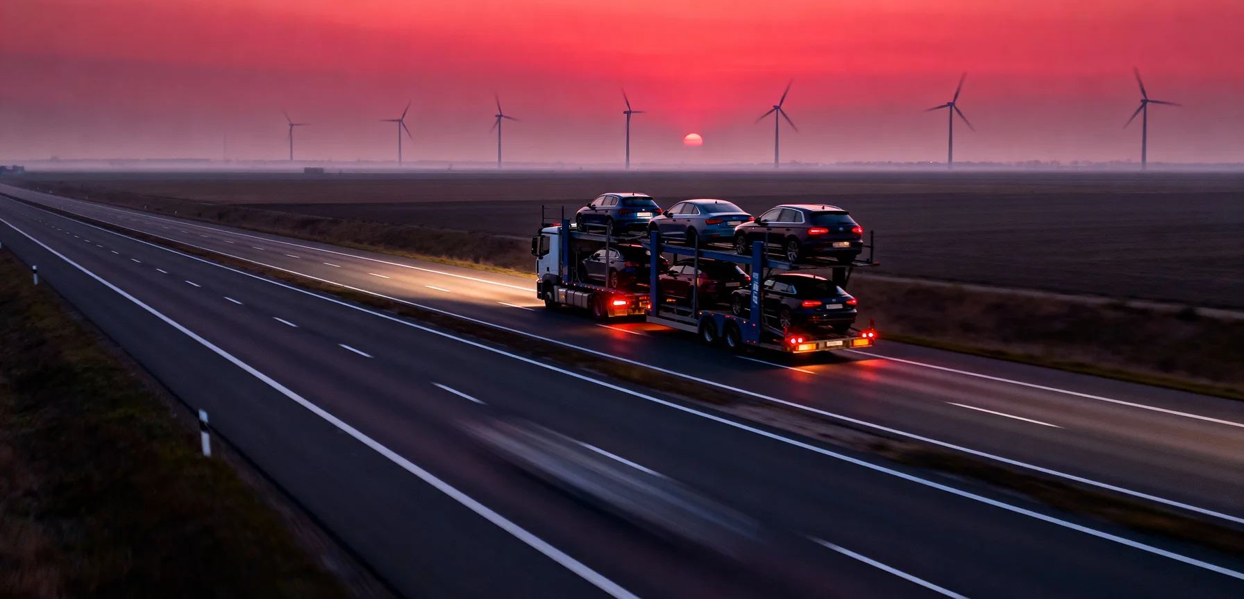 GBY Transport car carrier truck driving past wind turbines representing sustainable logistics and Euro 6 fleet efficiency