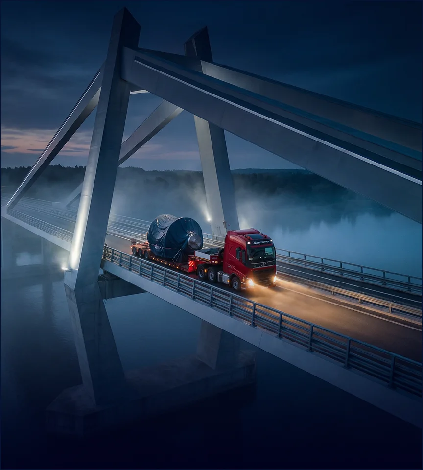 GBY Poland specialized logistics transporting oversized industrial cargo and heavy machinery on a bridge