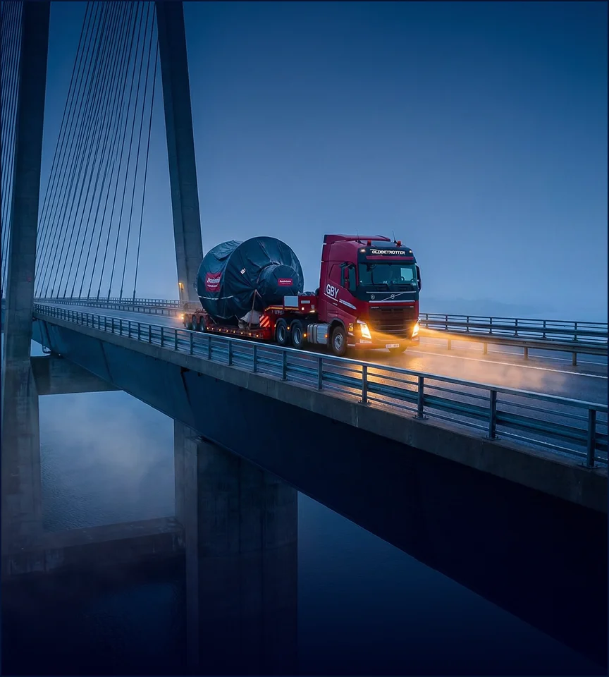 GBY Poland specialized logistics transporting oversized industrial cargo and heavy machinery on a bridge