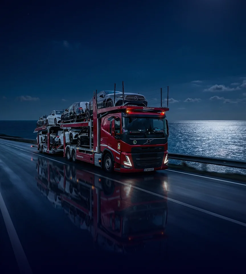 GBY Transport Volvo car carrier truck hauling finished vehicles across Europe